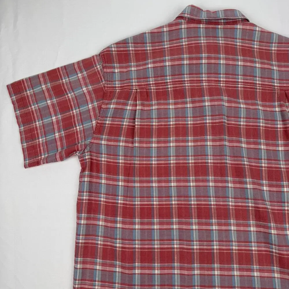 Chaps Ralph Lauren Plaid Button-Up Shirt Hemp Cotton Coral 90s Y2K Large